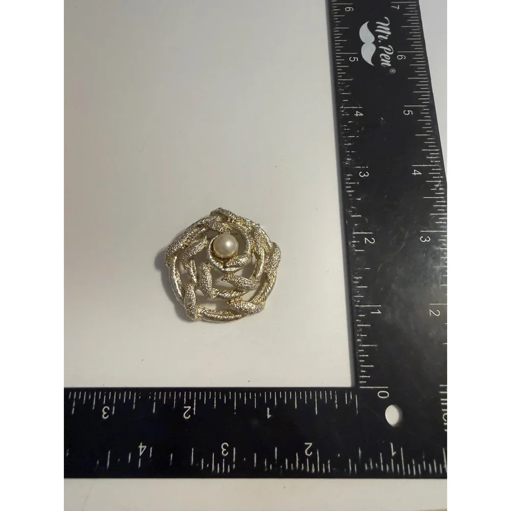 Vintage Gold Tone Textured Rose Brooch with Faux Pearl Center Swirl Pin